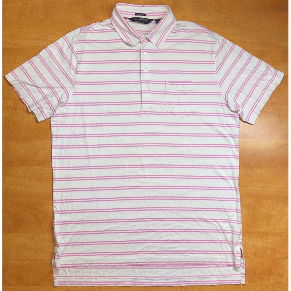Polo Golf Ralph Lauren Mens Pink White Striped Pima Cotton Polo Shirt Large